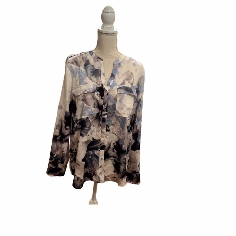 Calvin Klein white, gray, blue, navy watercolor floral print long sleeve blouse